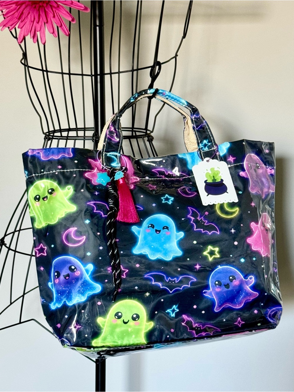 New Halloween Colorful Ghosts & Bats Black PVC Handbag Purse Tote Bag w/ Charm